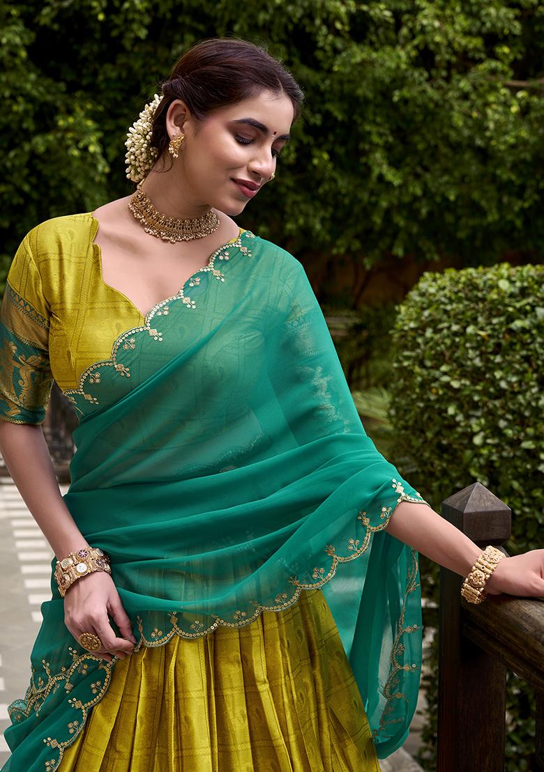 Yellow Zari Weaving Poly Cotton Lehenga Set - Indya