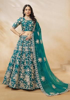 Teal Green Embroidered Silk Lehenga Set