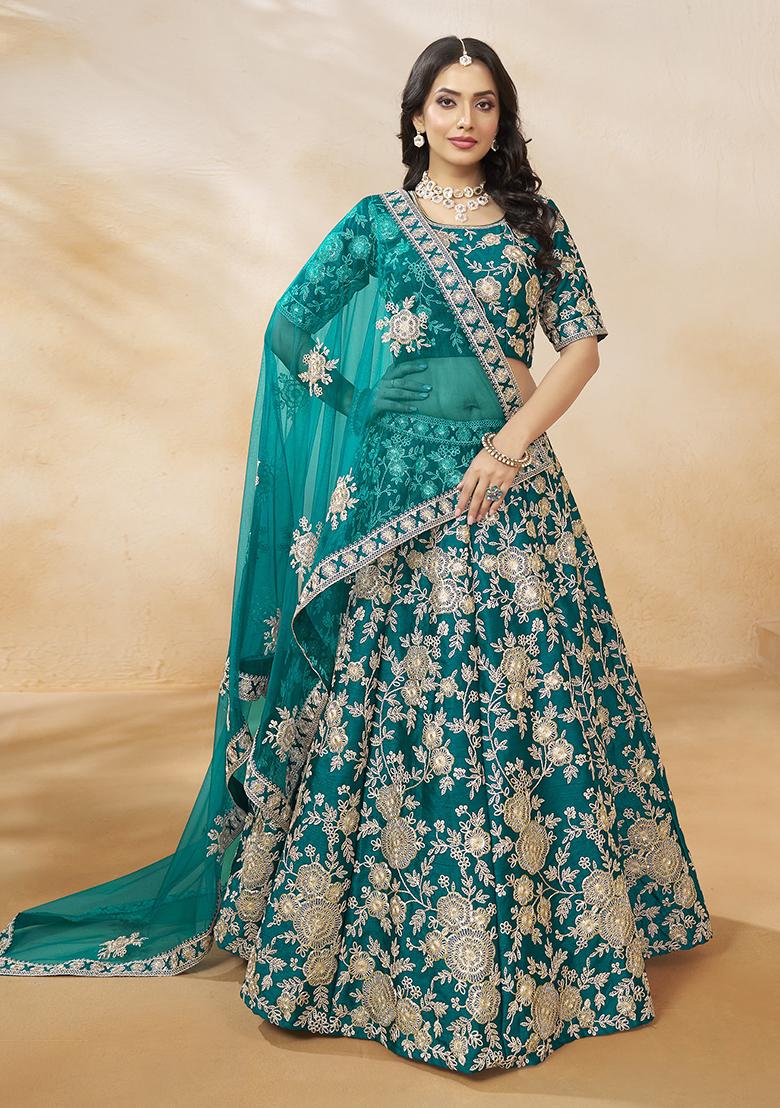 Teal Green Embroidered Silk Lehenga Set - Indya