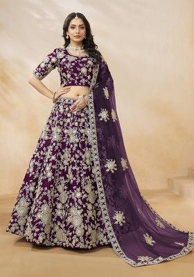 Purple Embroidered Silk Lehenga Set