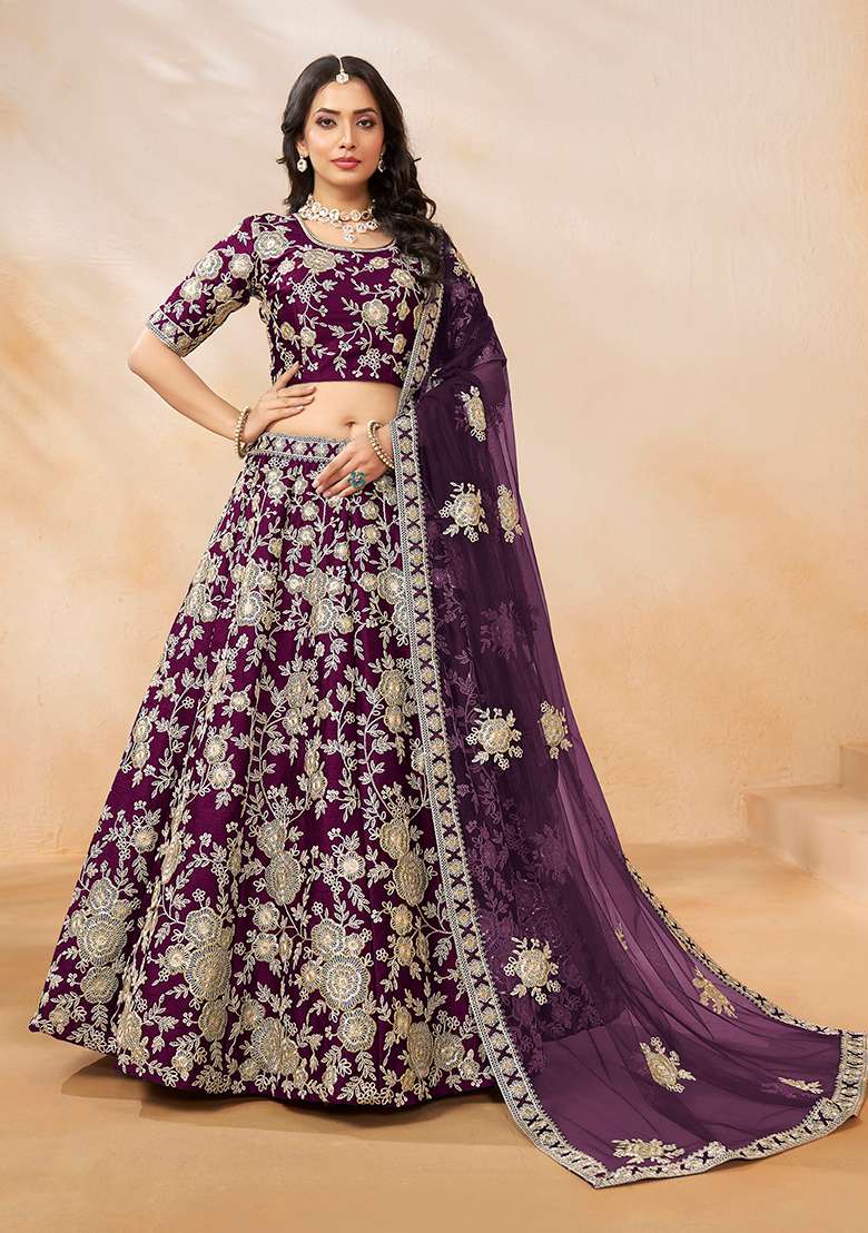 Purple Embroidered Silk Blend Lehenga Set for Diwali and Festive Wear - Indya