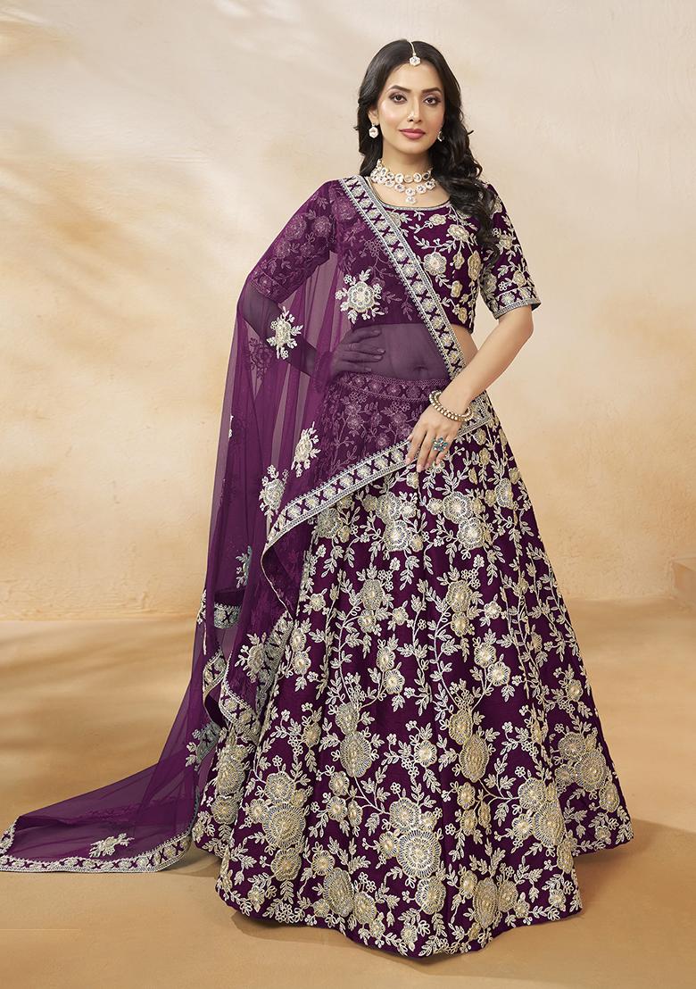 Purple Embroidered Silk Lehenga Set - Indya