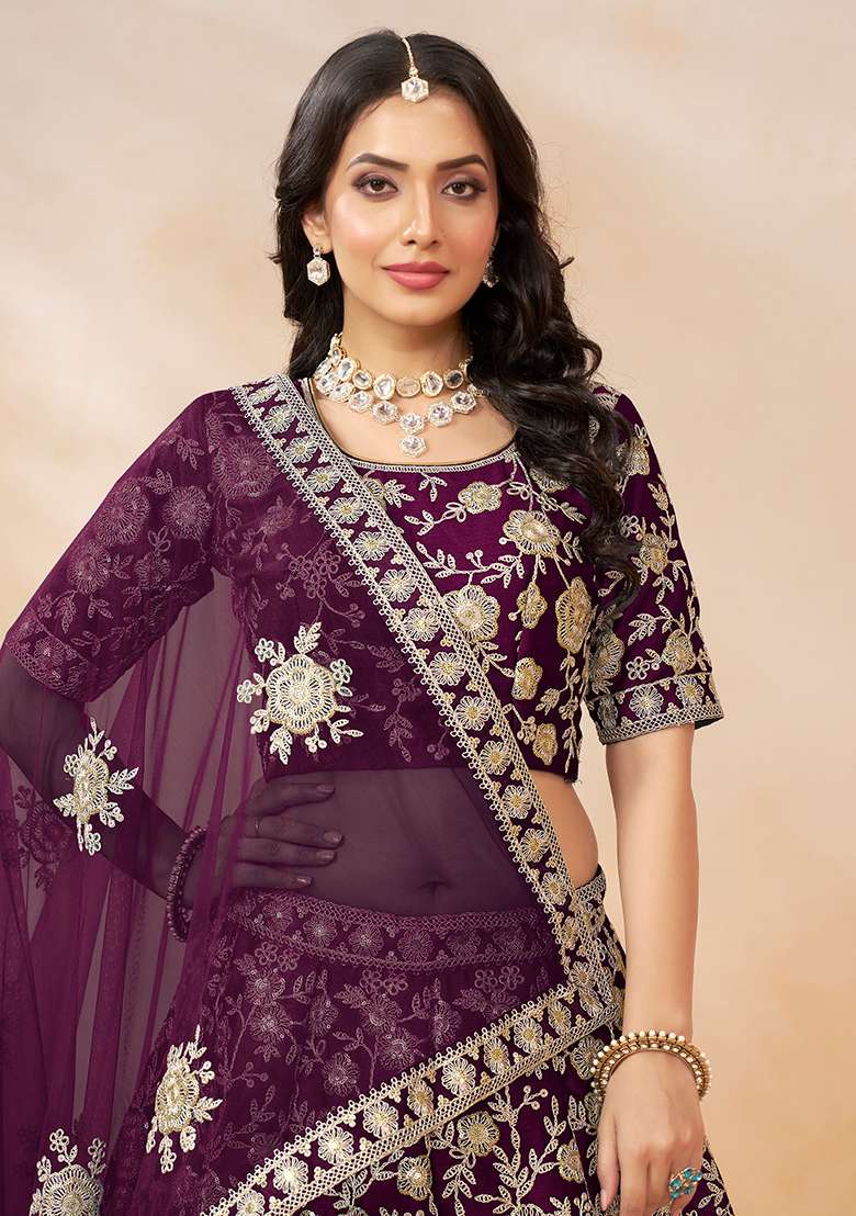 Purple Embroidered Silk Blend Lehenga Set for Diwali and Festive Wear - Indya