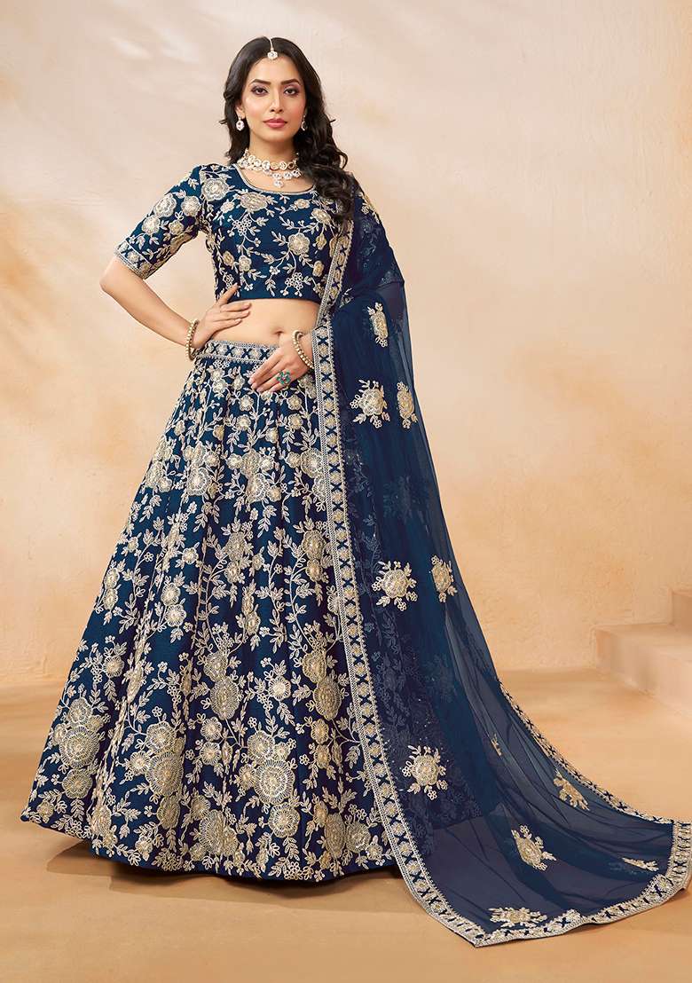 Navy Blue Silk Blend Lehenga Set with Embroidered for Diwali | Wedding & Festive Wear - Indya