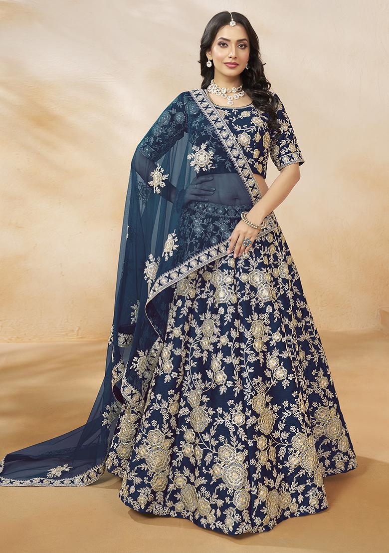 Navy Blue Embroidered Silk Lehenga Set - Indya