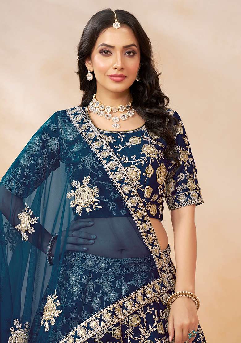 Navy Blue Silk Blend Lehenga Set with Embroidered for Diwali | Wedding & Festive Wear - Indya