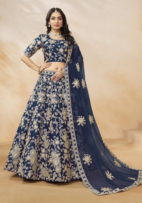 Navy Blue Embroidered Silk Lehenga Set