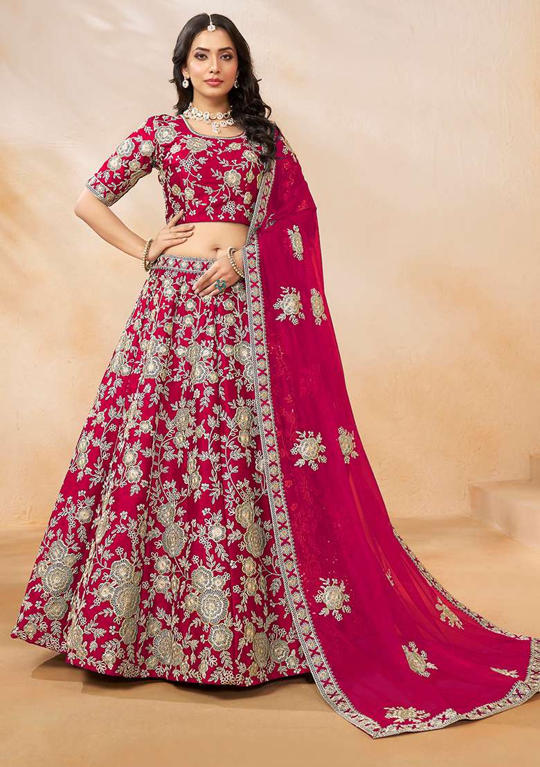 Rani Pink Silk Blend Lehenga Set with Embroidered for Diwali | Wedding & Festive Wear - Indya