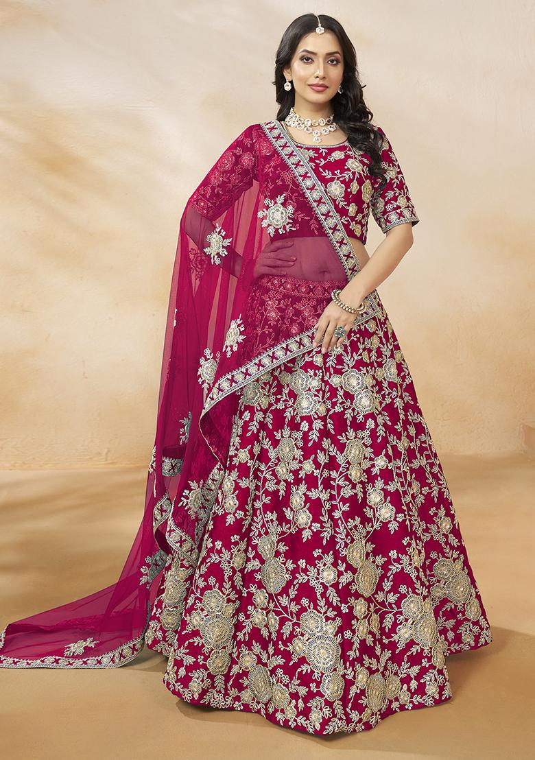 Rani Pink Embroidered Silk Lehenga Set - Indya
