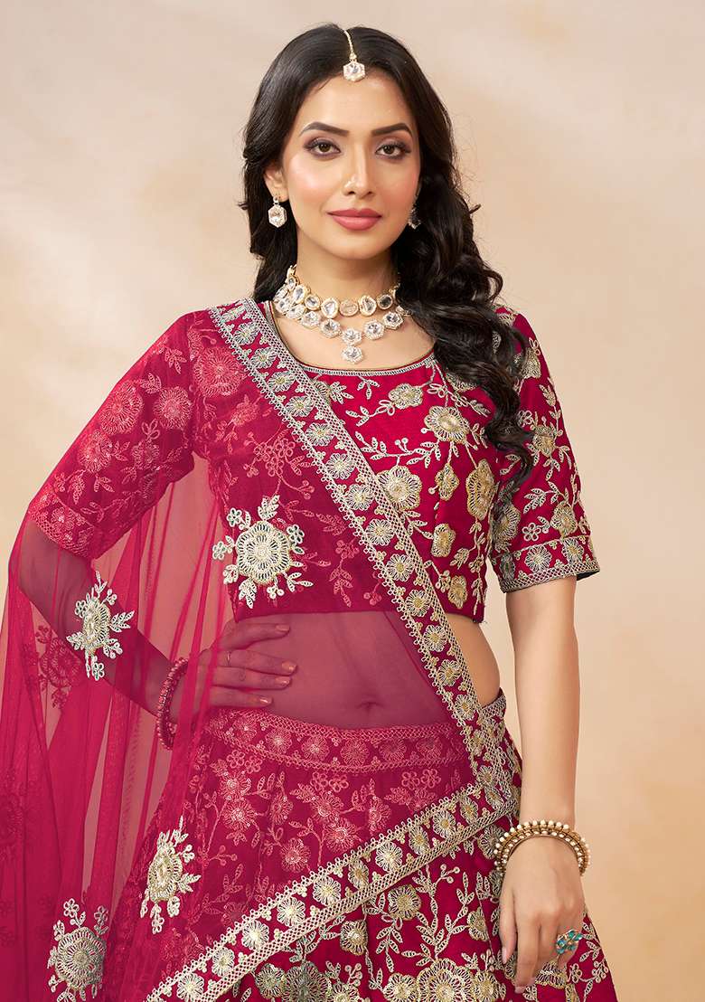 Rani Pink Silk Blend Lehenga Set with Embroidered for Diwali | Wedding & Festive Wear - Indya