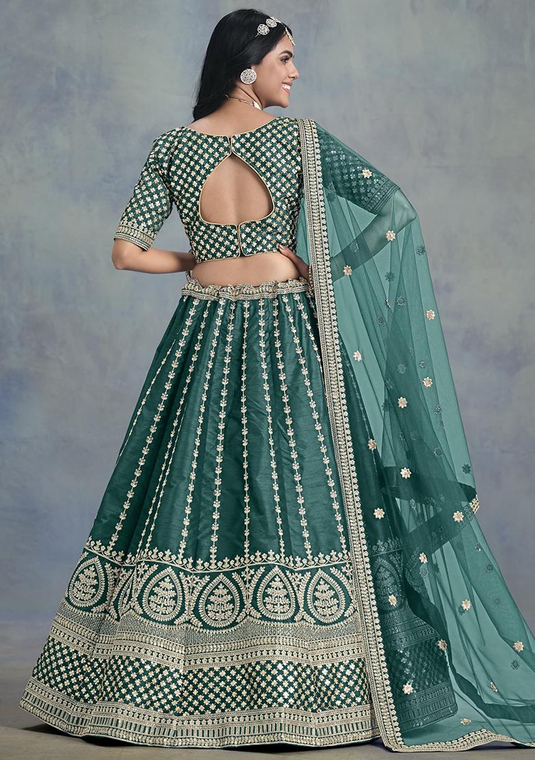 Teal Green Embroidered Silk Lehenga Set - Indya