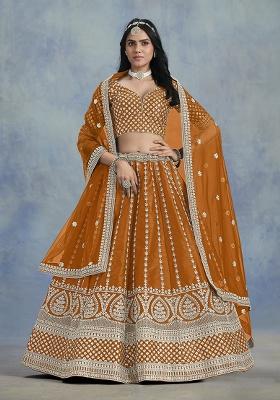 Orange Embroidered Silk Lehenga Set