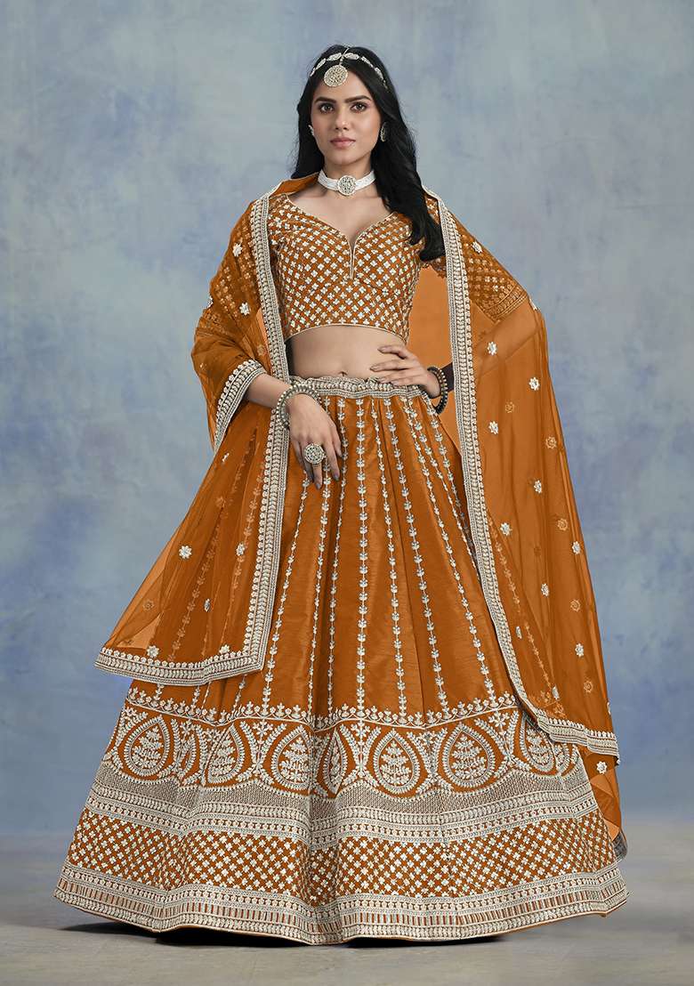 Orange Silk Blend Lehenga Set with Embroidered for Diwali | Wedding & Festive Wear - Indya