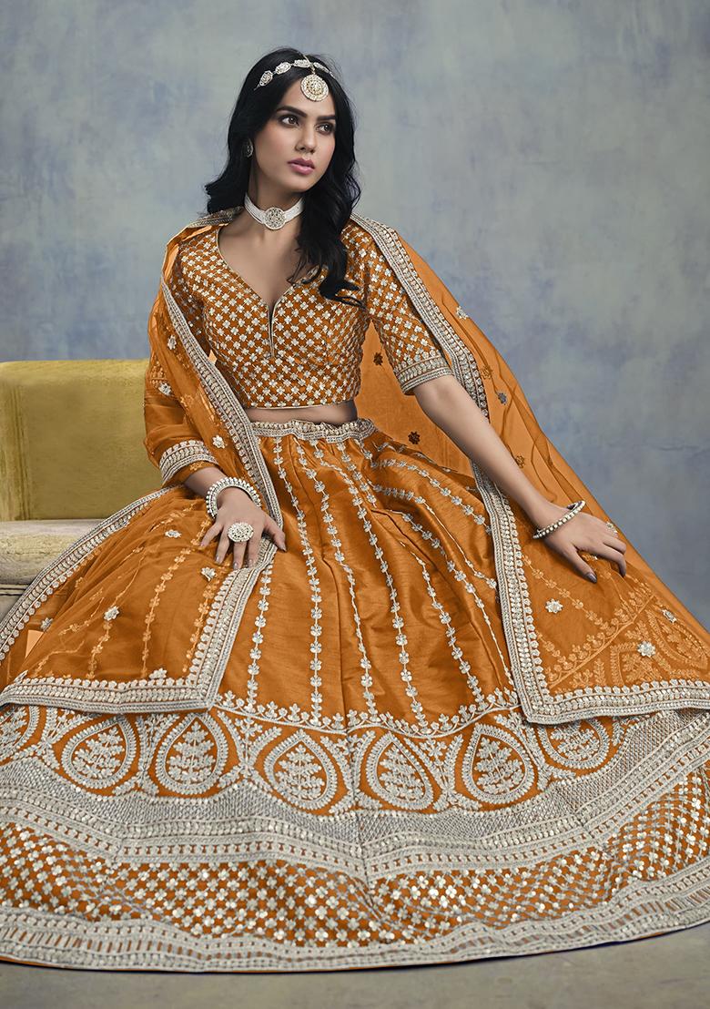Orange Embroidered Silk Lehenga Set - Indya