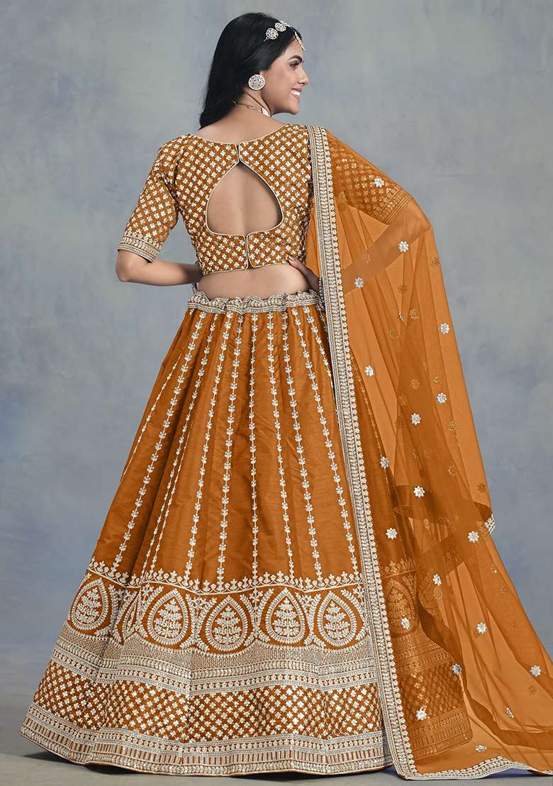 Orange Silk Blend Lehenga Set with Embroidered for Diwali | Wedding & Festive Wear - Indya