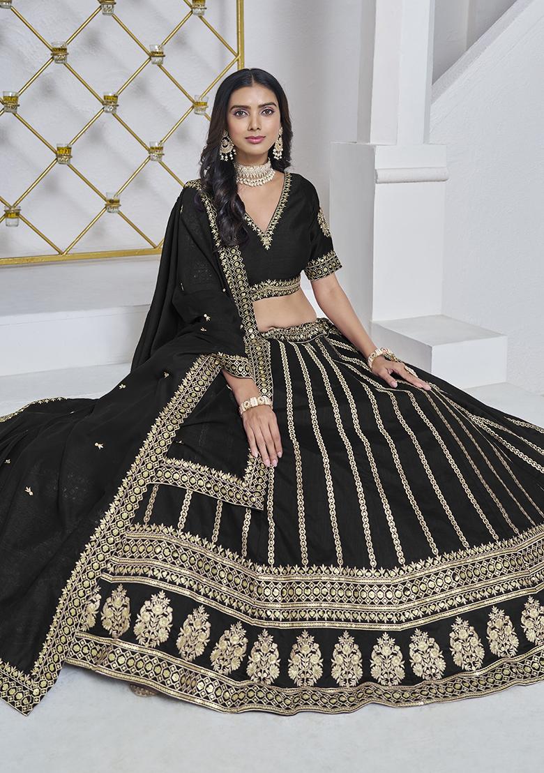 Black Embroidered Silk Lehenga Set - Indya
