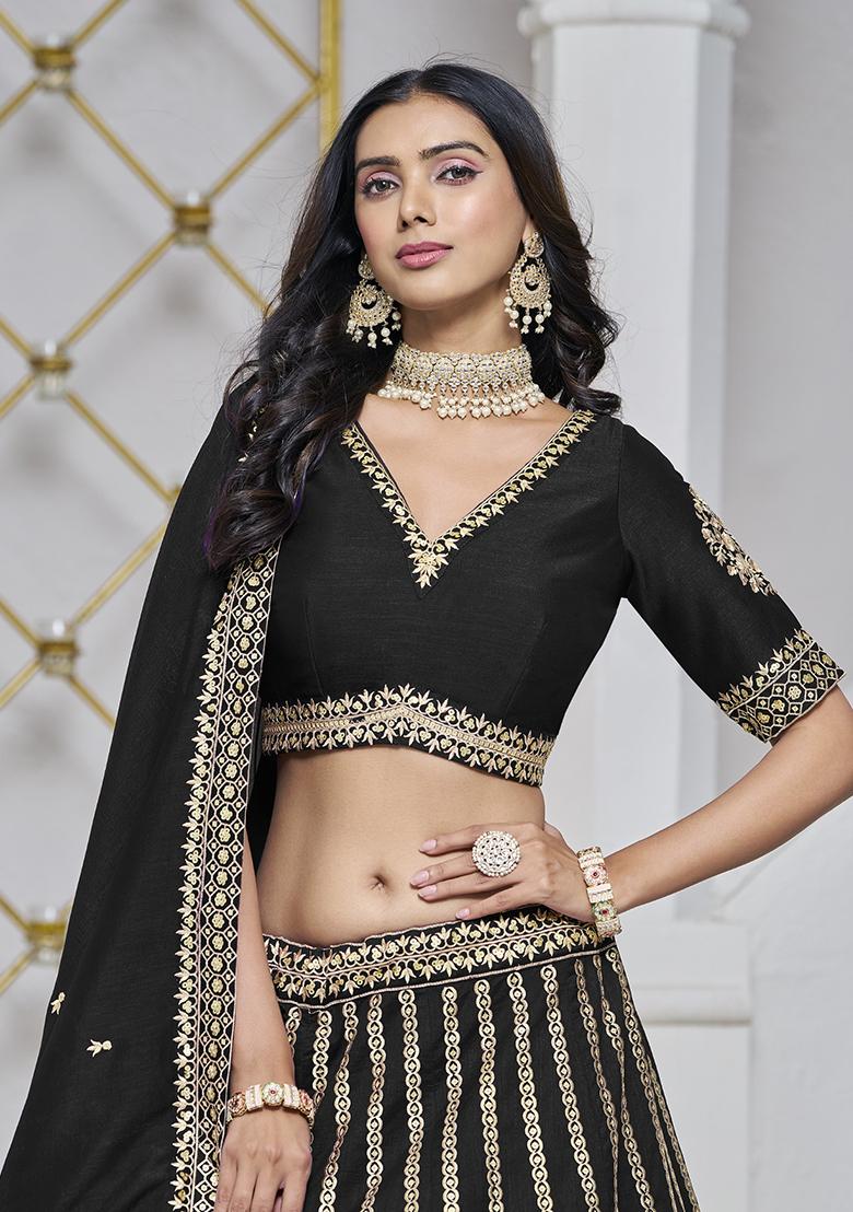 Black Embroidered Silk Lehenga Set - Indya