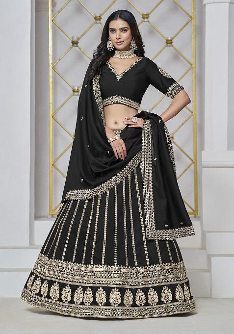 Black Embroidered Silk Lehenga Set
