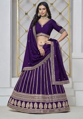 Purple Embroidered Silk Lehenga Set