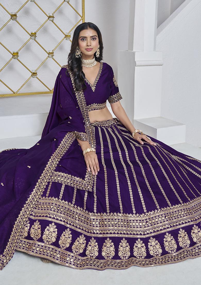 Purple Embroidered Silk Lehenga Set - Indya
