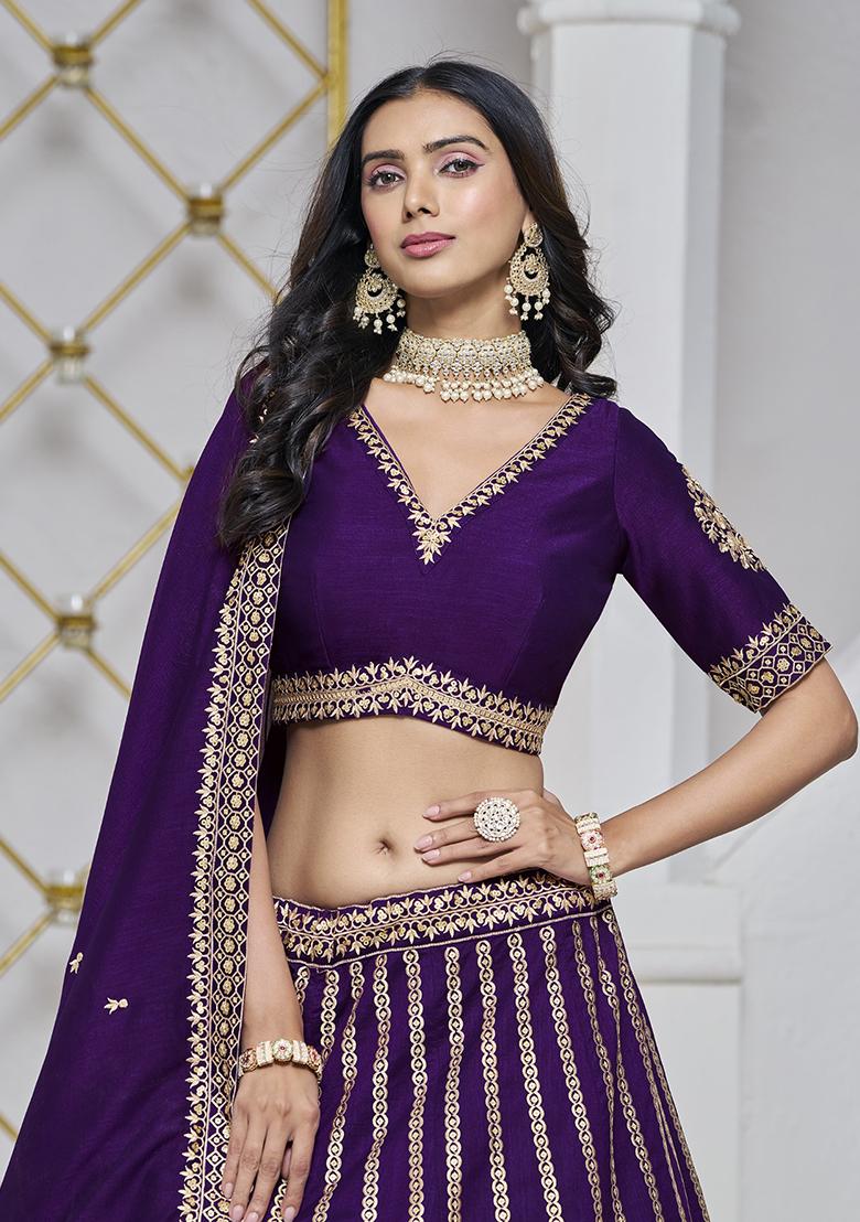 Purple Embroidered Silk Lehenga Set - Indya