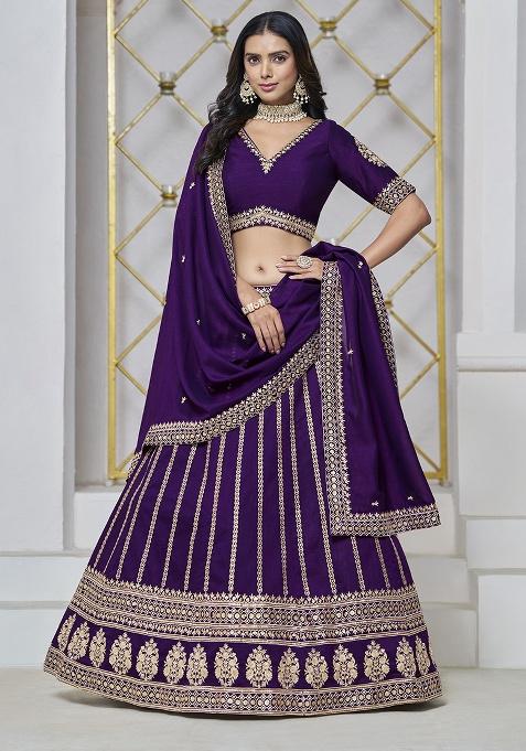 Purple Embroidered Silk Lehenga Set