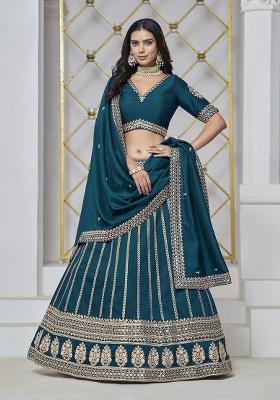 Teal Embroidered Silk Lehenga Set