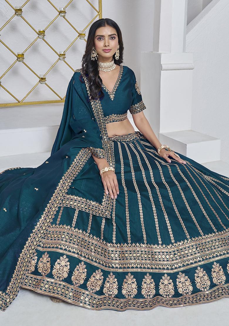 Teal Embroidered Silk Lehenga Set - Indya