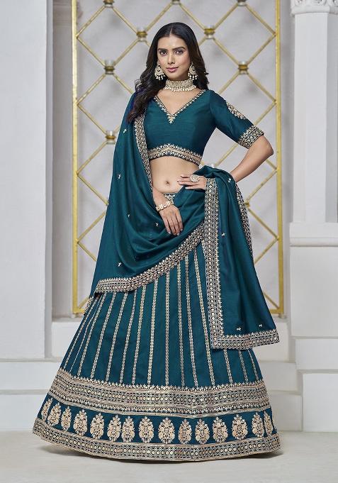 Teal Embroidered Silk Lehenga Set