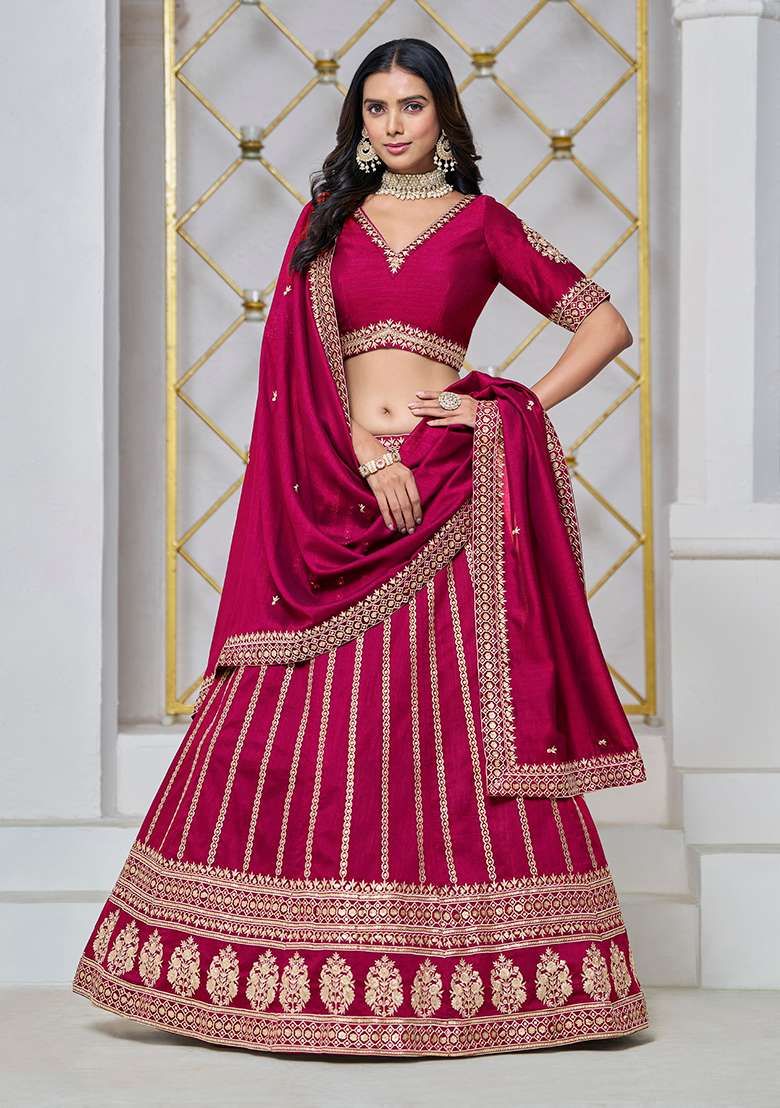 Rani Pink Embroidered Silk Blend Lehenga Set for Diwali and Festive Wear - Indya