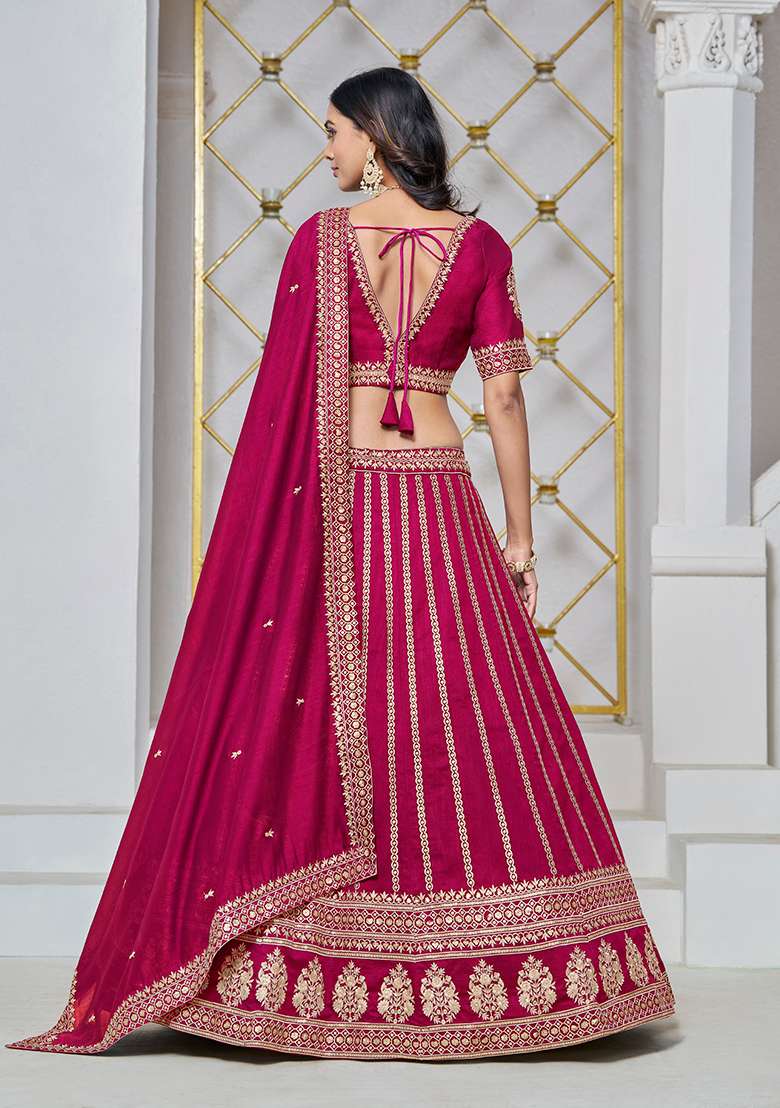 Rani Pink Embroidered Silk Blend Lehenga Set for Diwali and Festive Wear - Indya
