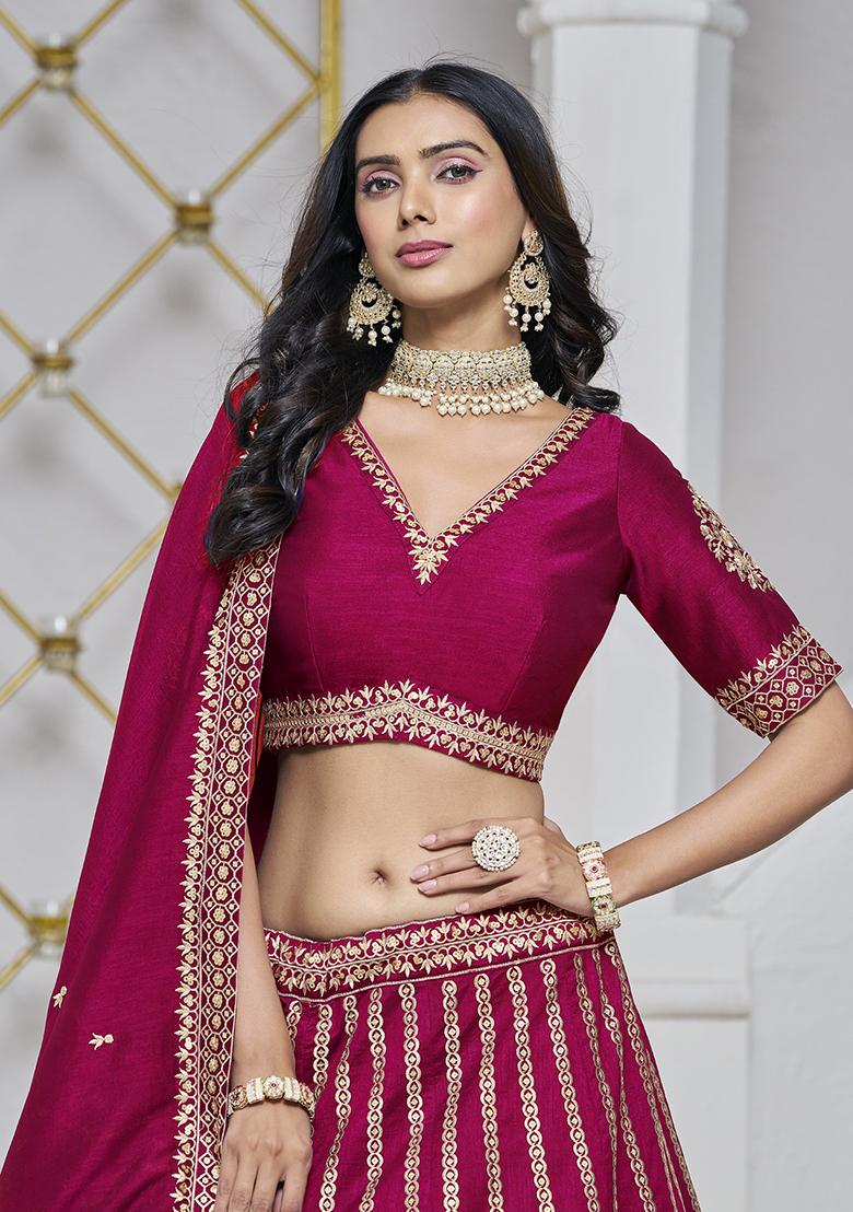 Rani Pink Embroidered Silk Lehenga Set - Indya