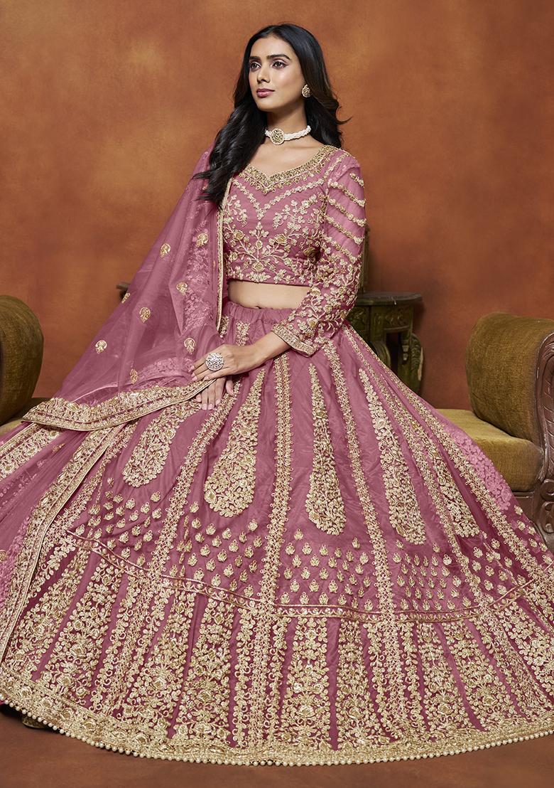 Pink Embroidered Net Lehenga Set - Indya