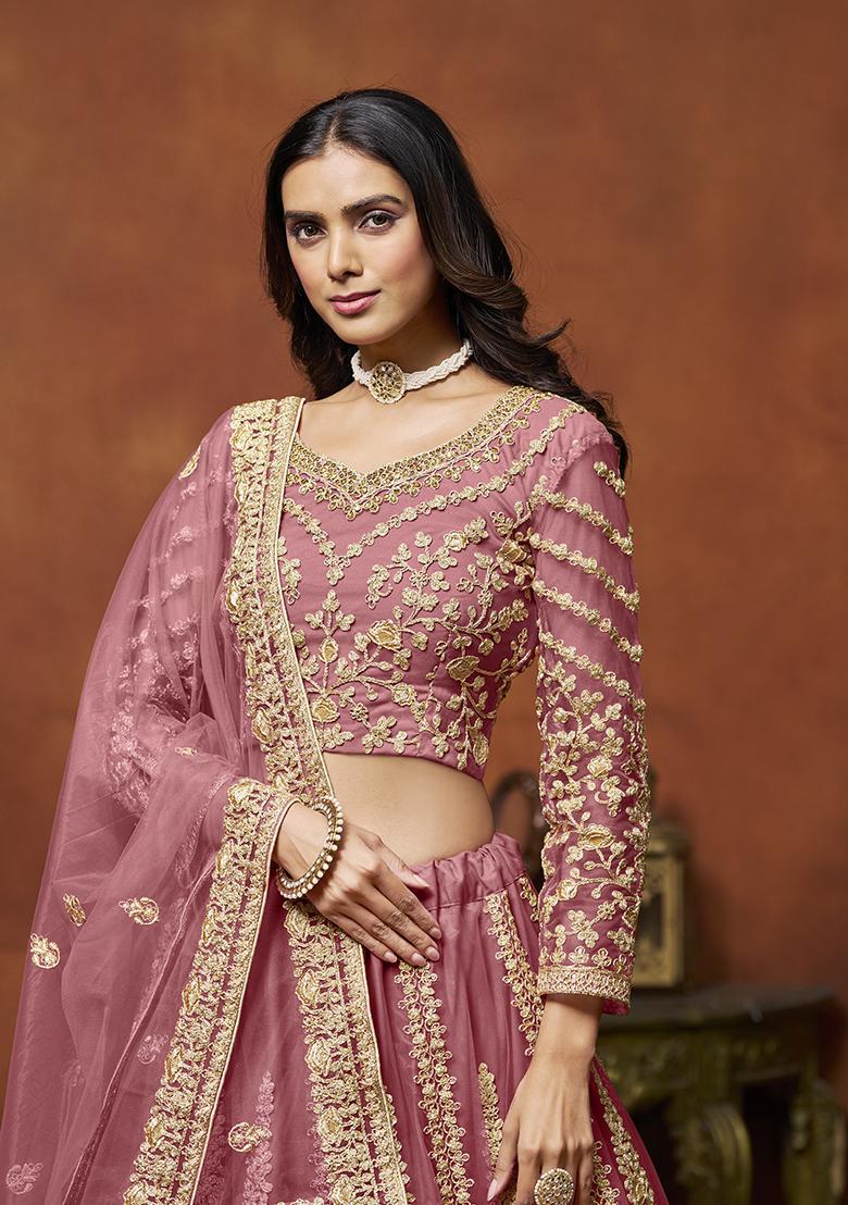Pink Embroidered Net Lehenga Set - Indya