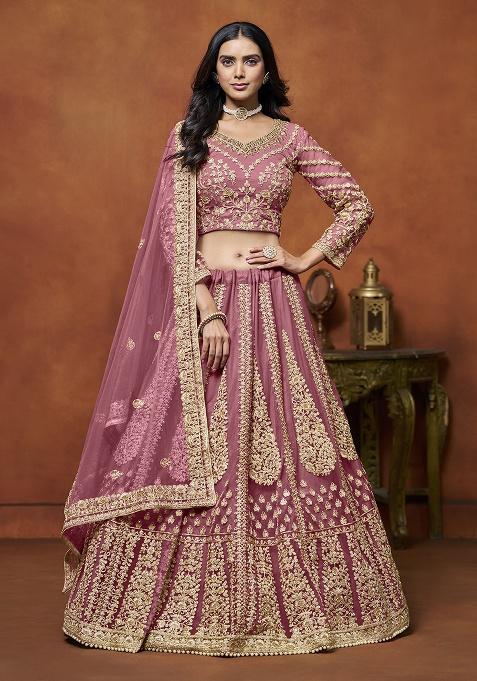 Pink Embroidered Net Lehenga Set