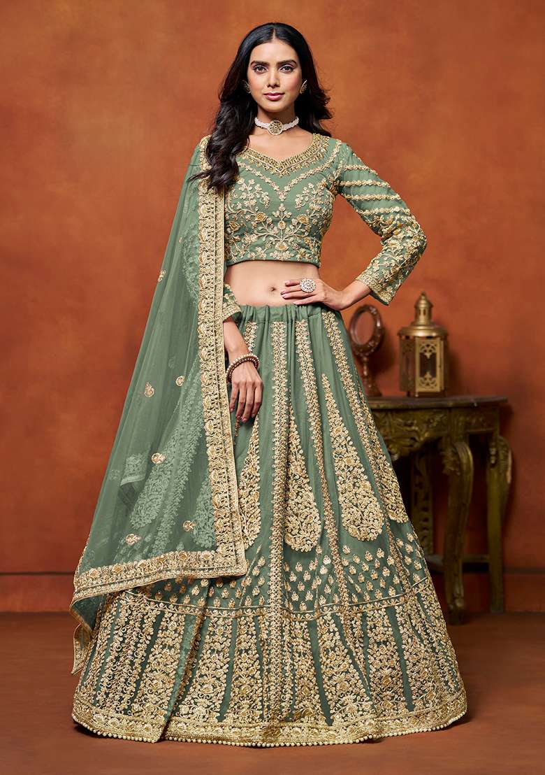 Light Green Net Lehenga Set with Embroidered for Diwali | Wedding & Festive Wear - Indya