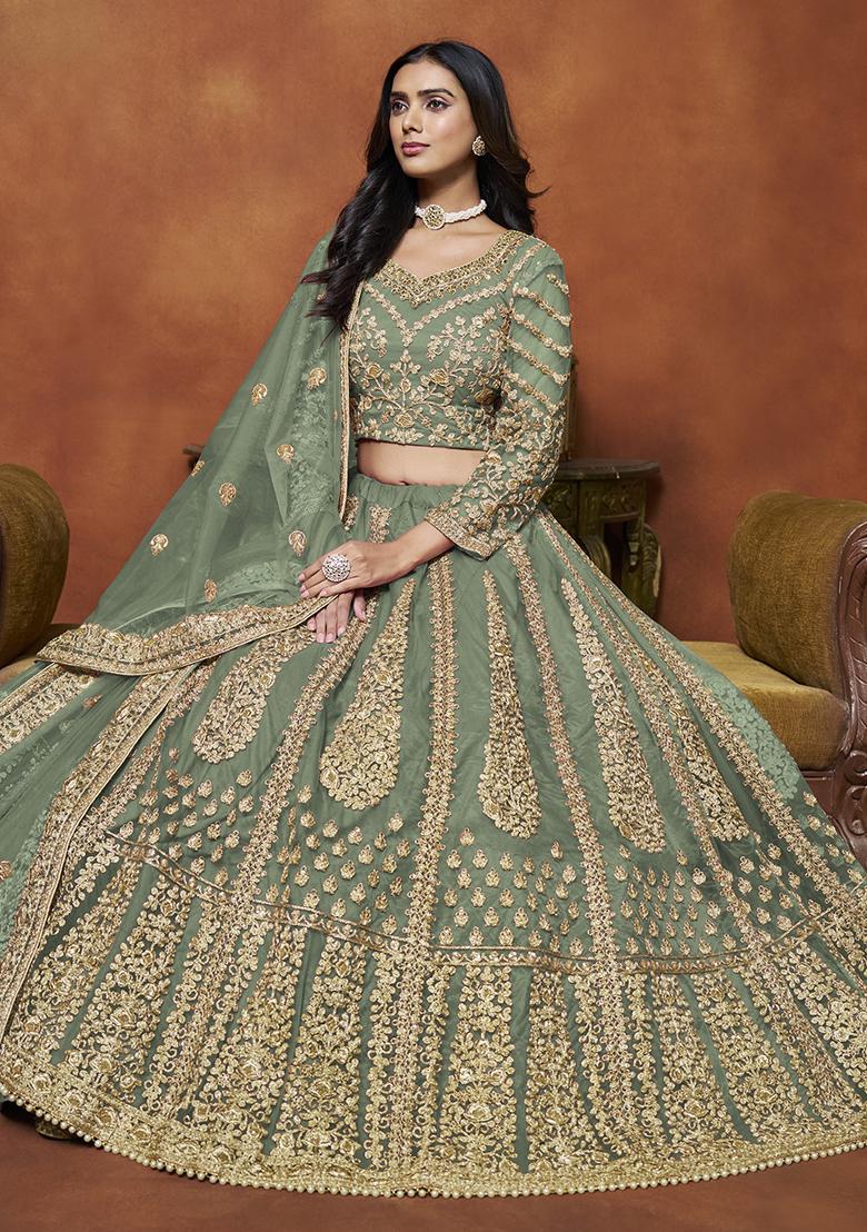 Light Green Embroidered Net Lehenga Set - Indya