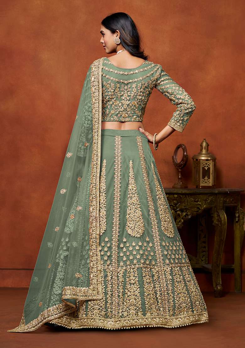 Light Green Net Lehenga Set with Embroidered for Diwali | Wedding & Festive Wear - Indya