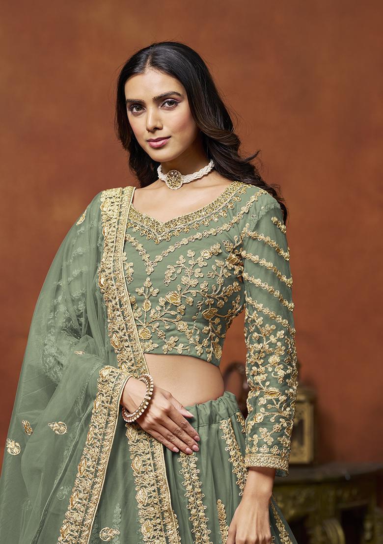 Light Green Embroidered Net Lehenga Set - Indya