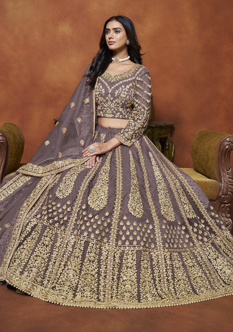 Purple Embroidered Net Lehenga Set - Indya