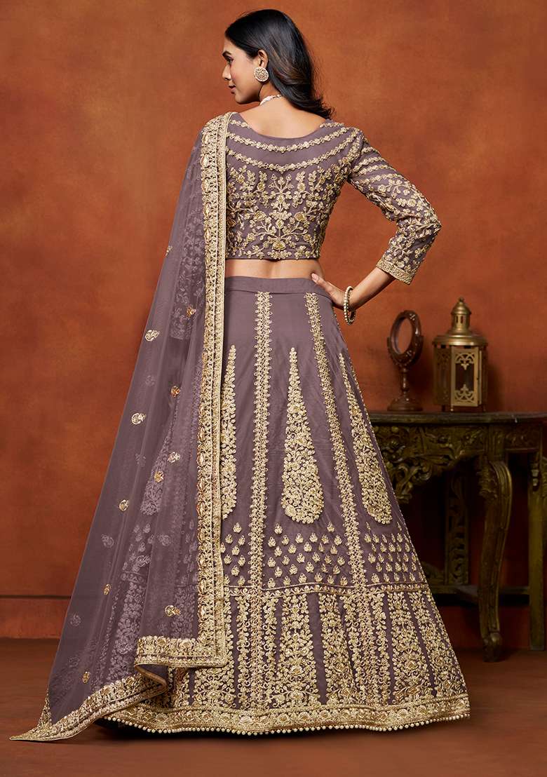 Purple Net Lehenga Set with Embroidered for Diwali | Wedding & Festive Wear - Indya