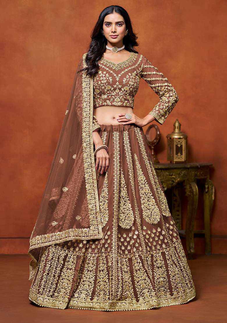 Brown Embroidered Net Lehenga Set for Diwali and Festive Wear - Indya