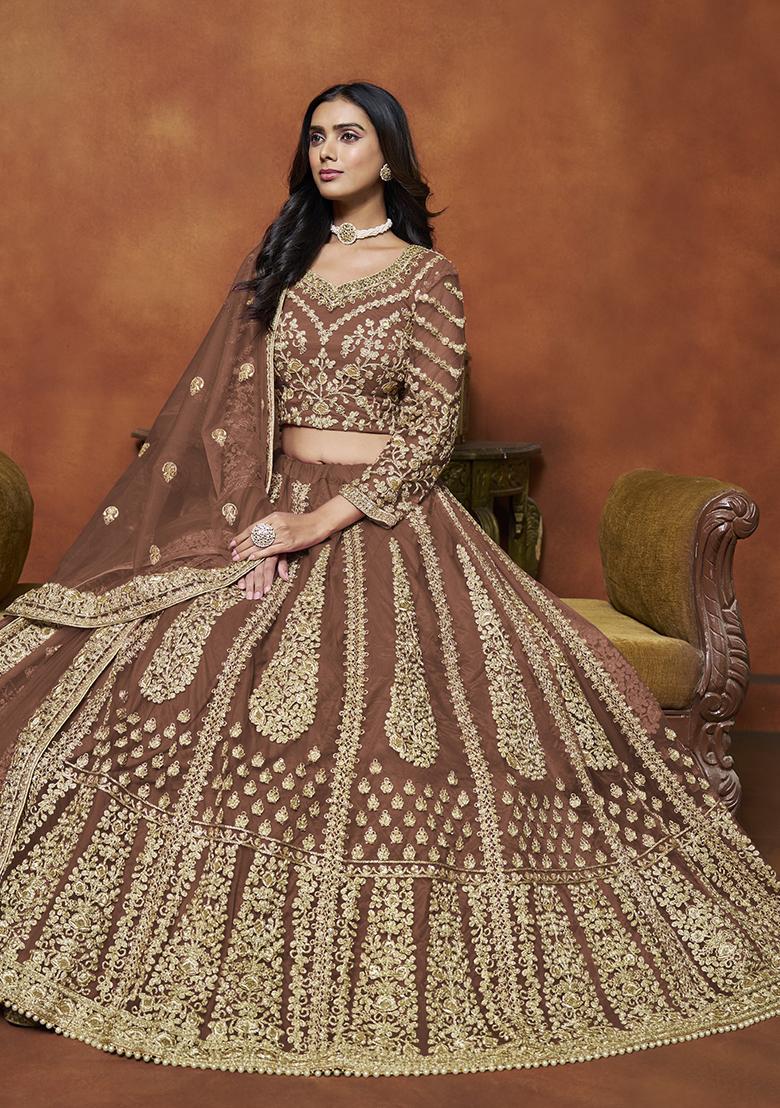 Brown Embroidered Net Lehenga Set - Indya