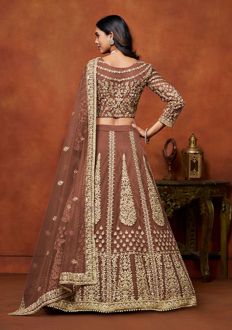 Brown Embroidered Net Lehenga Set for Diwali and Festive Wear - Indya
