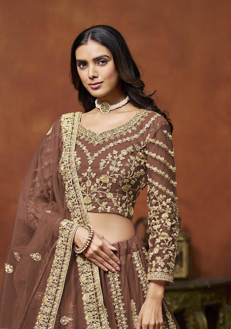 Brown Embroidered Net Lehenga Set - Indya