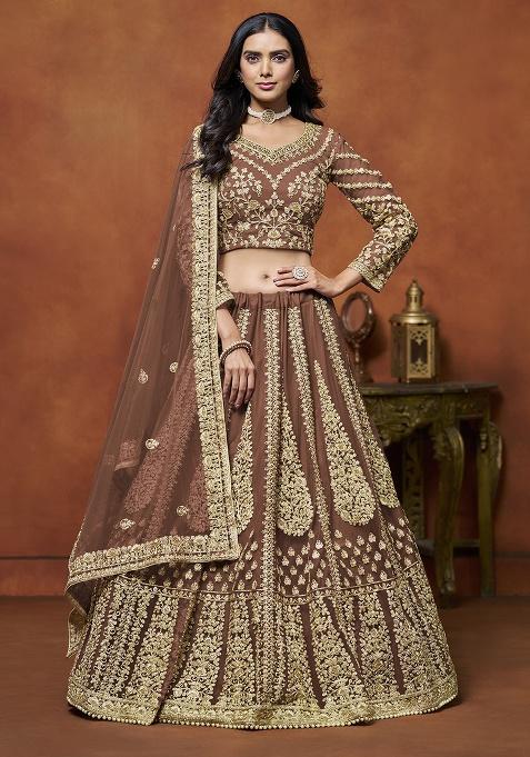Brown Embroidered Net Lehenga Set