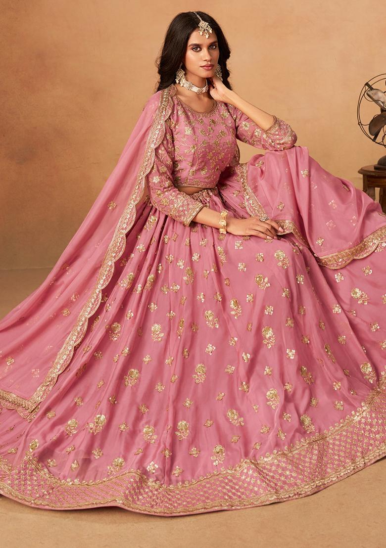 Pink Embroidery Organza Lehenga Set - Indya