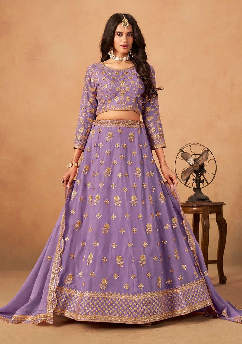 Lavender Organza Lehenga Set with Embroidery for Diwali | Wedding & Festive Wear - Indya