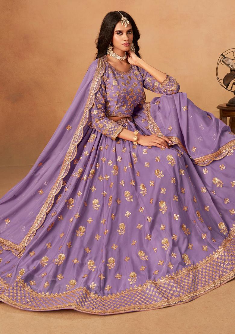 Lavender Embroidery Organza Lehenga Set - Indya