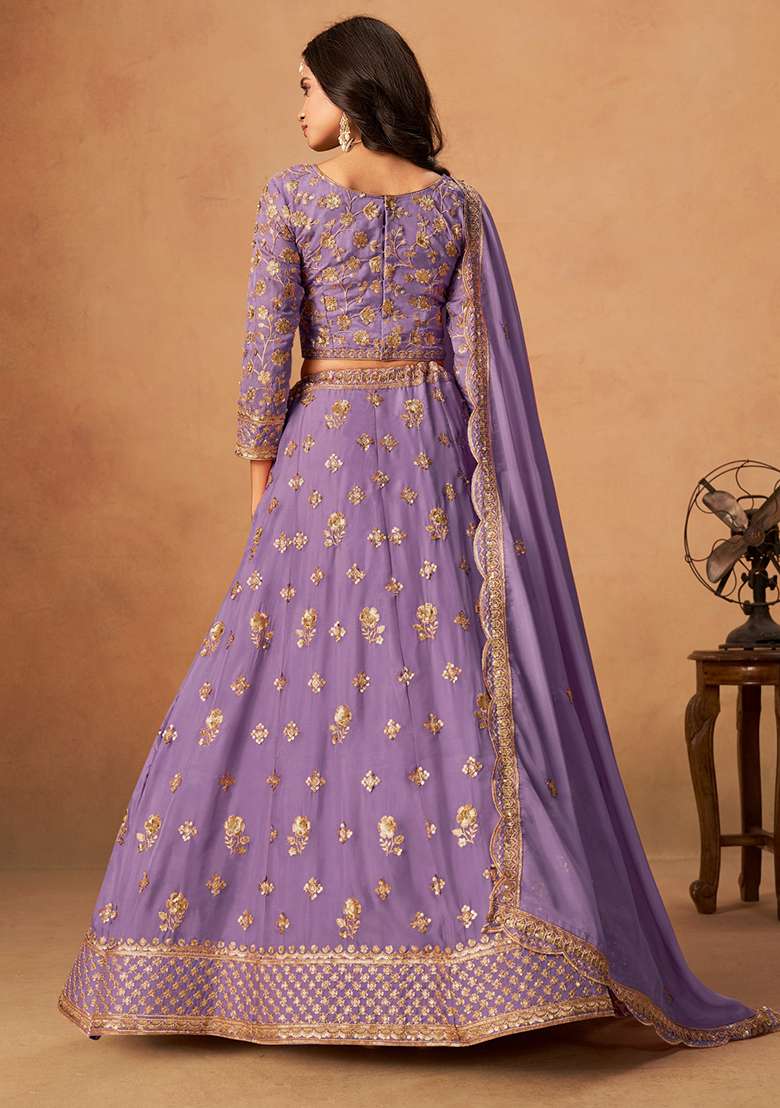 Lavender Organza Lehenga Set with Embroidery for Diwali | Wedding & Festive Wear - Indya
